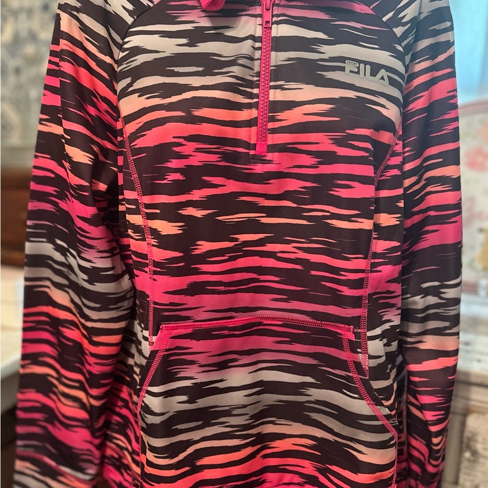 Fila Vibrant Pink and Black Striped Half-Zip